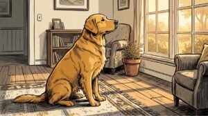 Golden Retriever lifting head alertly by a window, sensing owner's return before arrival