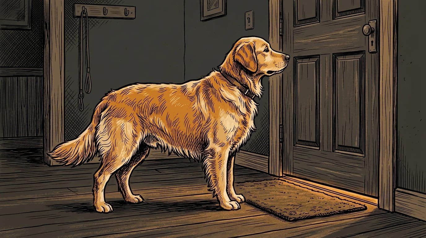 Dog in anticipatory waiting posture by the front door moments before owner arrives