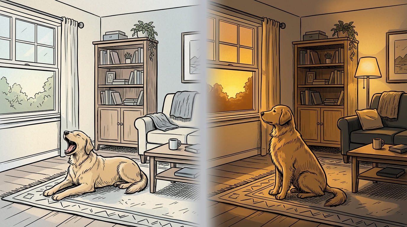 Illustration of a dog's daily rhythm shifting from morning light to evening light