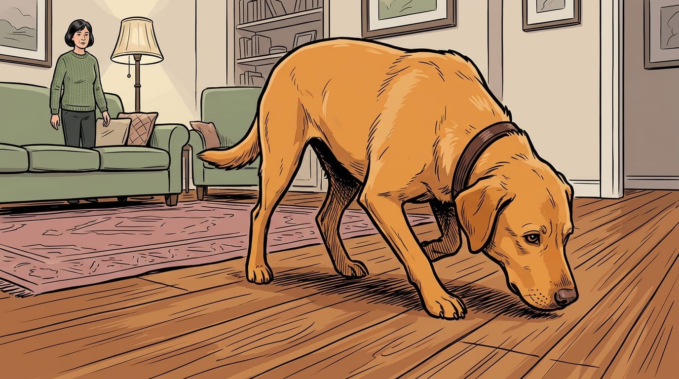 Dog following a scent trail across the floor, illustrating competing biological drives