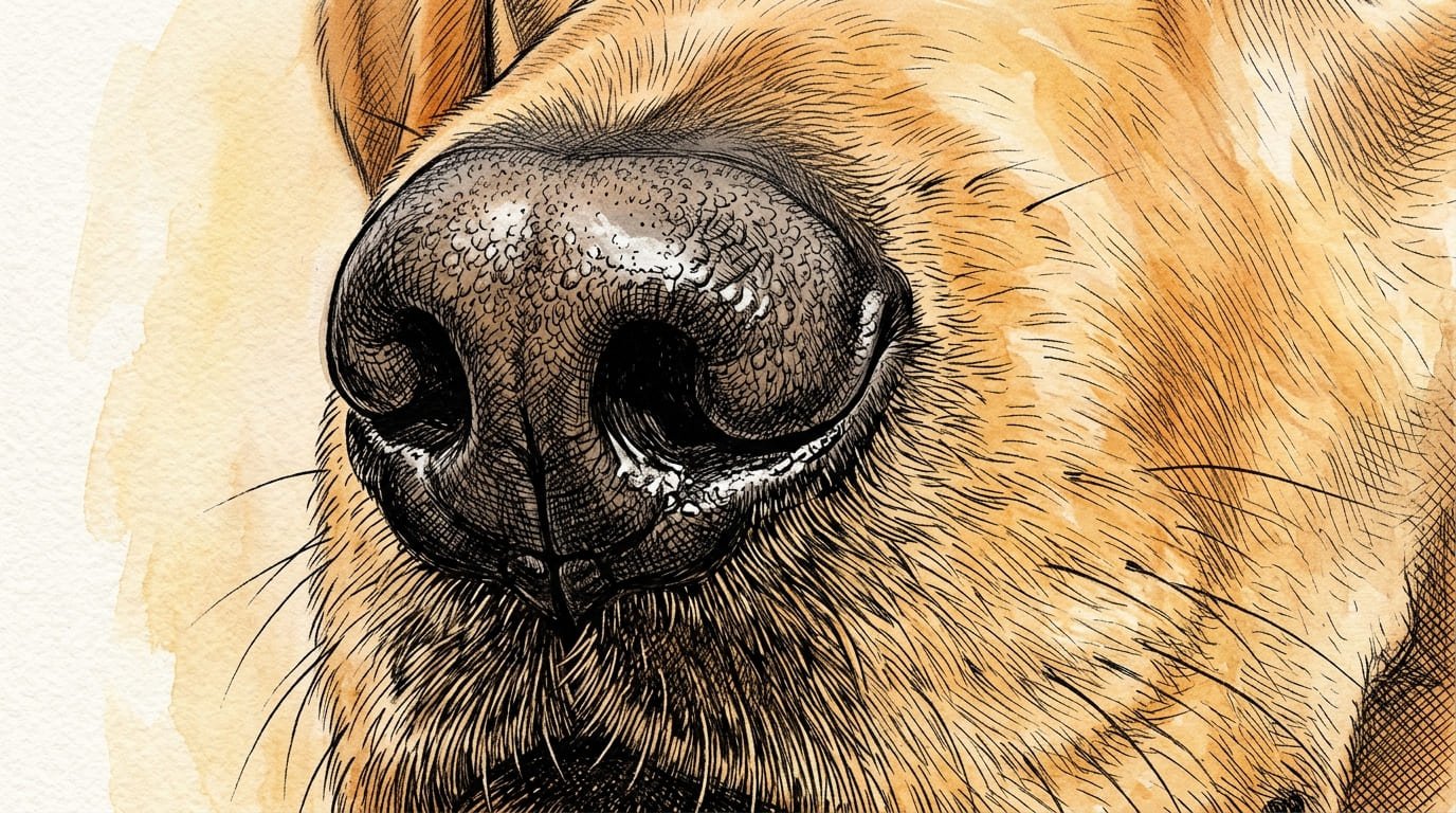 Extreme close-up of a dog's nose illustrating heightened scent processing and sensory overload