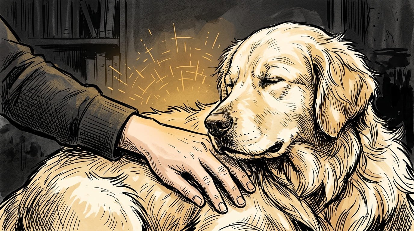 Illustration of a calm dog with a warm glow representing rising oxytocin and falling cortisol during physical contact