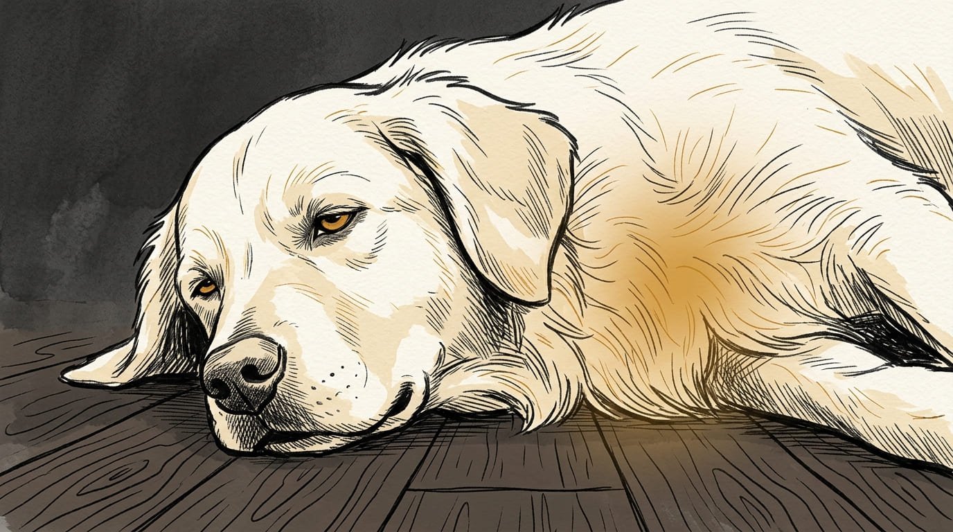 Golden Retriever resting calmly with a warm glow illustrating rising oxytocin before owner's arrival