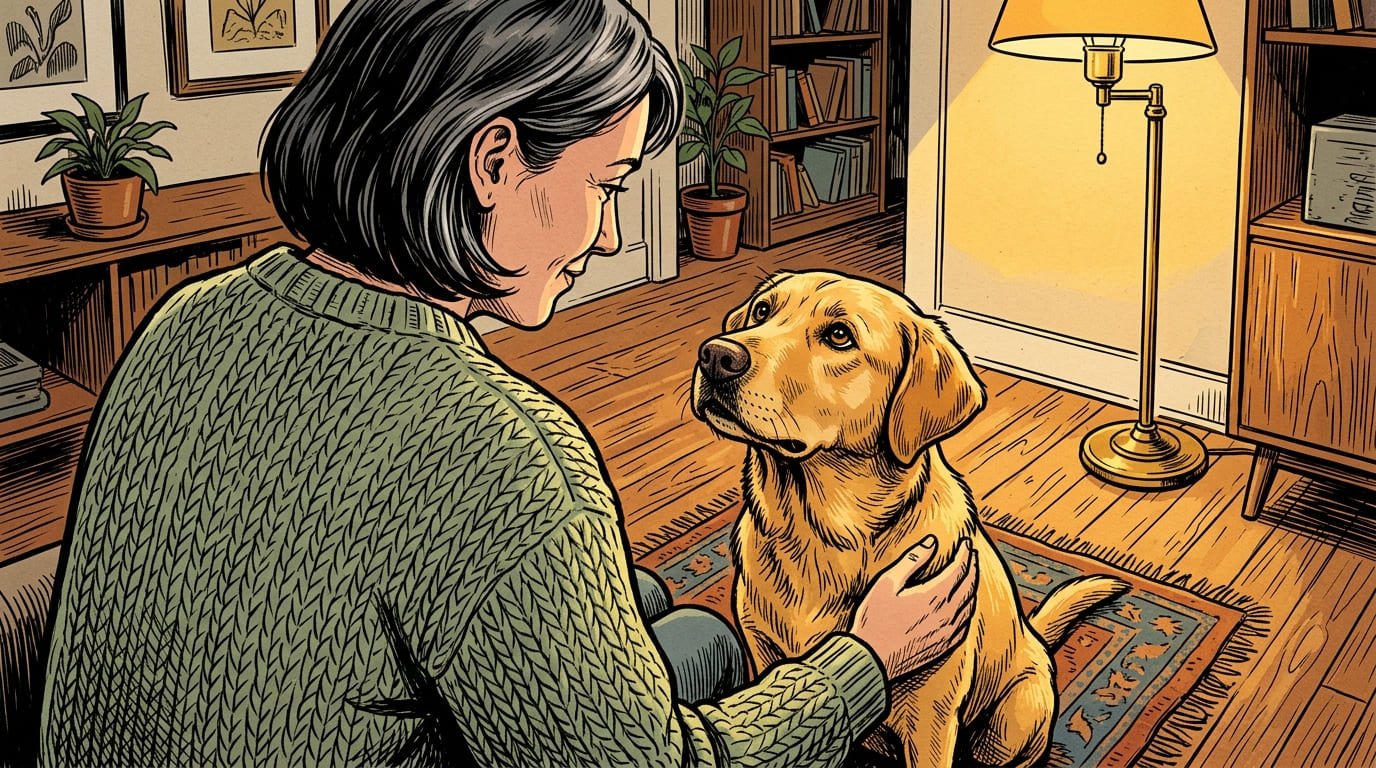 Dog looking up attentively at owner's face, illustrating how dogs read human body language and expression