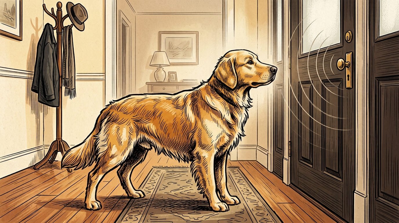 Dog with ears perked forward, recognizing the specific sound of its owner approaching