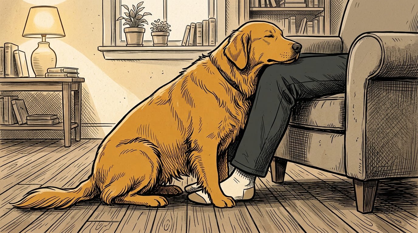 Dog leaning its body against owner's leg as a safe haven attachment behavior