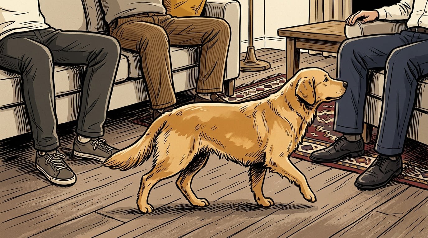 Dog walking past other people to rest its head specifically on one person's lap, illustrating selective attachment
