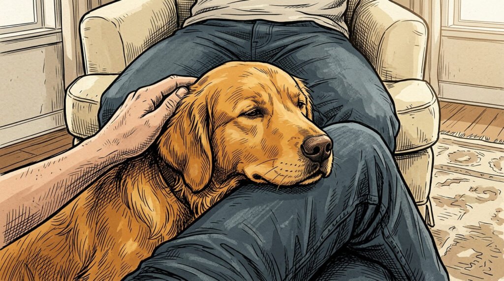 Golden Retriever resting head on owner's lap in a moment of stillness and trust