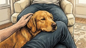 Golden Retriever resting head on owner's lap in a moment of stillness and trust