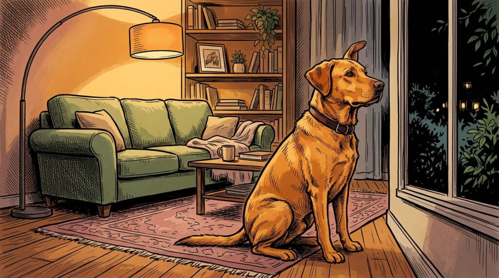Golden Labrador mix looking away with ear raised, appearing not to listen to owner calling